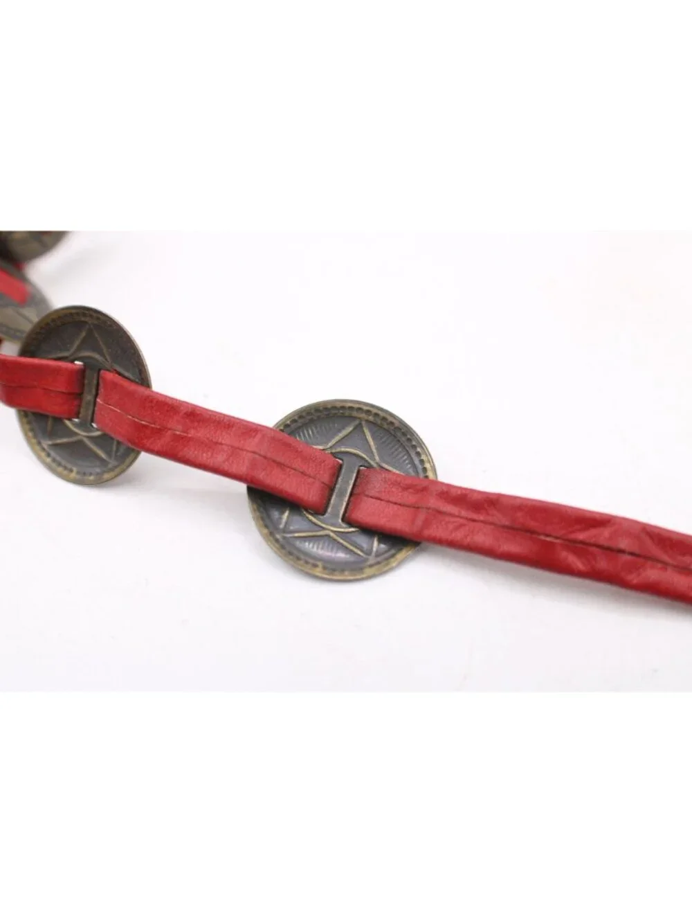 Red Leather Skinny Belt Brass Star Conchos Tie End No Buckle 46